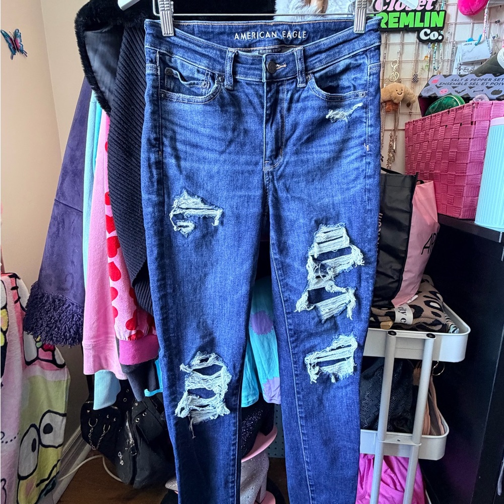 American Eagle Outfitters Women's Ripped Dark Blue Skinny Jeans